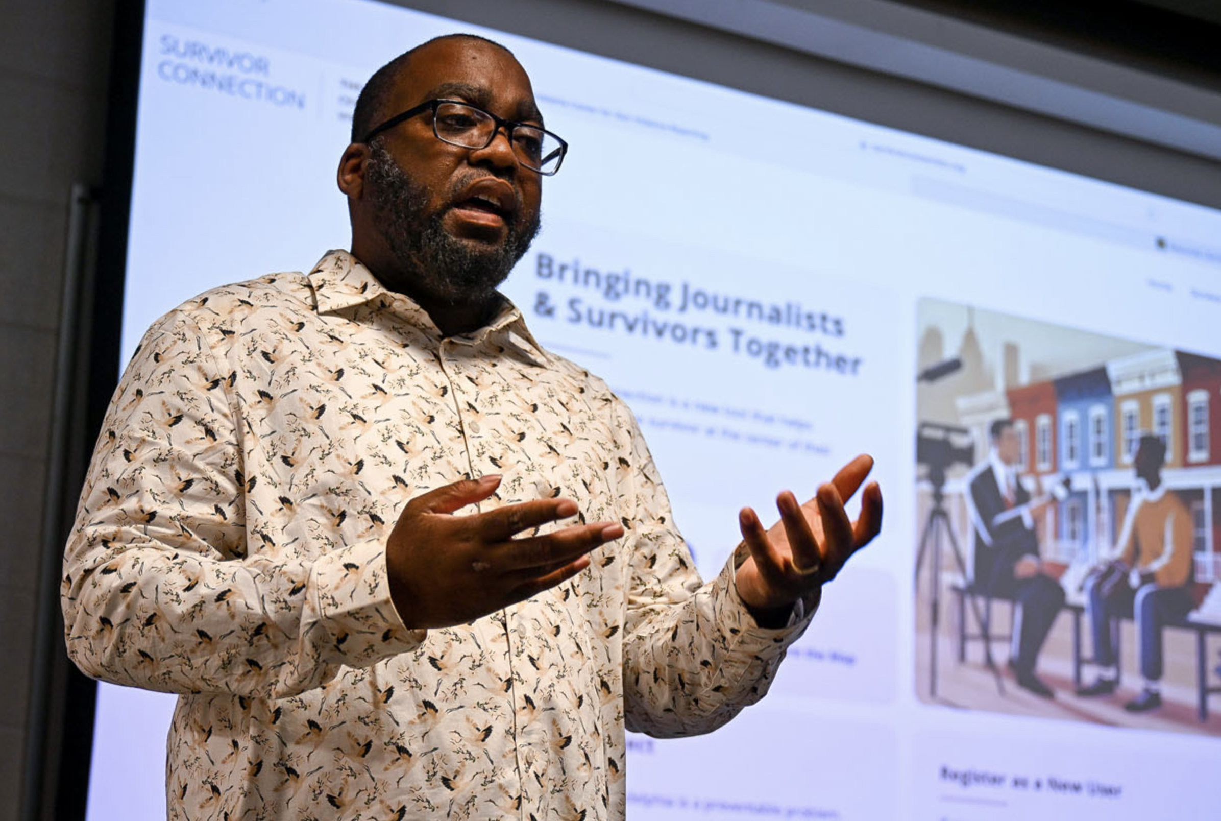 Survivor Connection director Oronde McClain introduces his project during the Klein News Innovation Camp at Temple University.
